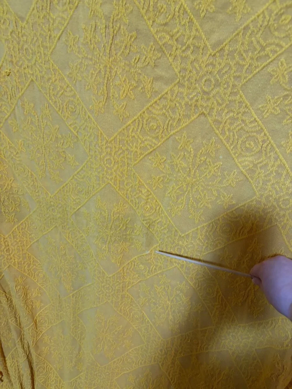 VTG Chenille Bedspread Fringe Mustard Yellow Pale Red MCM Grannycore Twin Full
